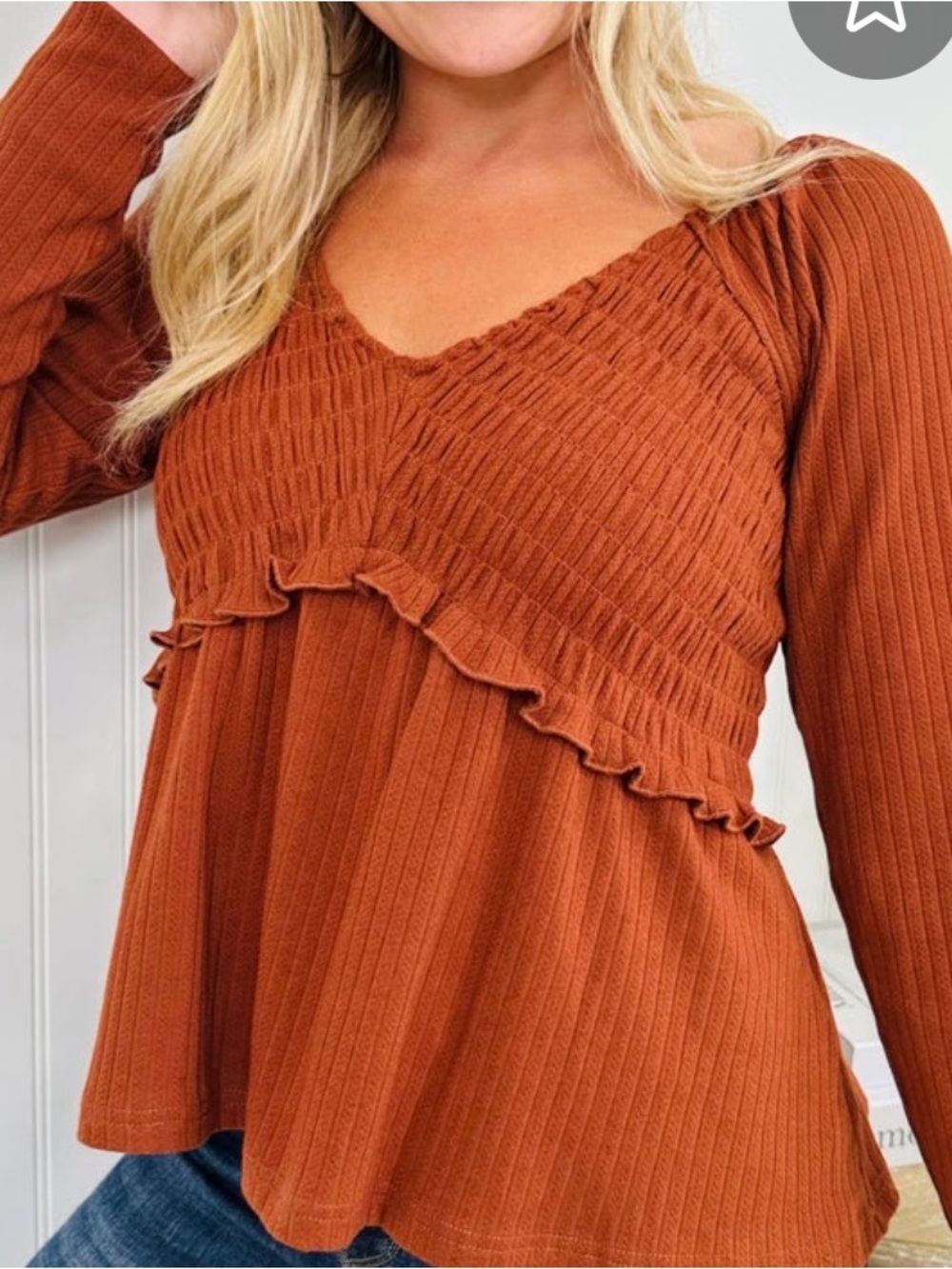Women's Smocked V-Neck Long Sleeve Top - Rust